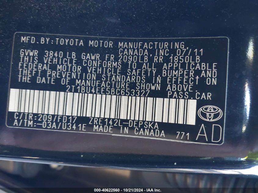 2011 Toyota Corolla S VIN: 2T1BU4EE5BC653327 Lot: 40622560