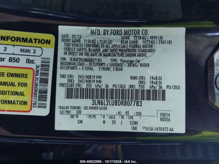 2013 Lincoln Mkz Hybrid VIN: 3LN6L2LU8DR807783 Lot: 40622598