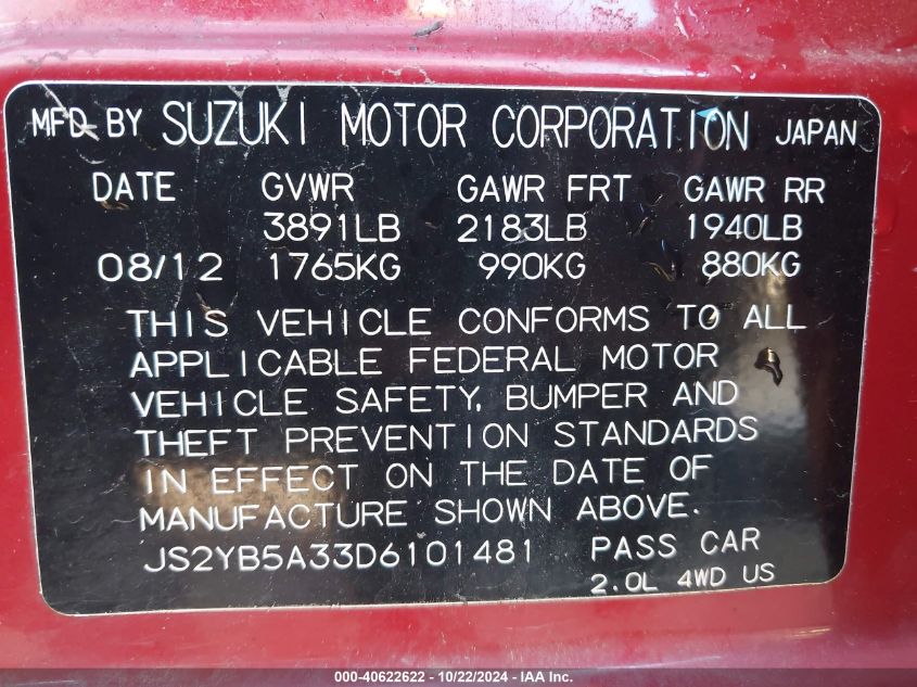 2013 Suzuki Sx4 Premium VIN: JS2YB5A33D6101481 Lot: 40622622