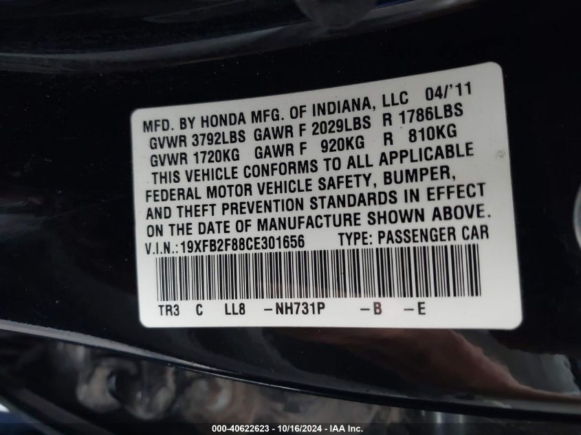 2012 Honda Civic Ex VIN: 19XFB2F88CE301656 Lot: 40622623