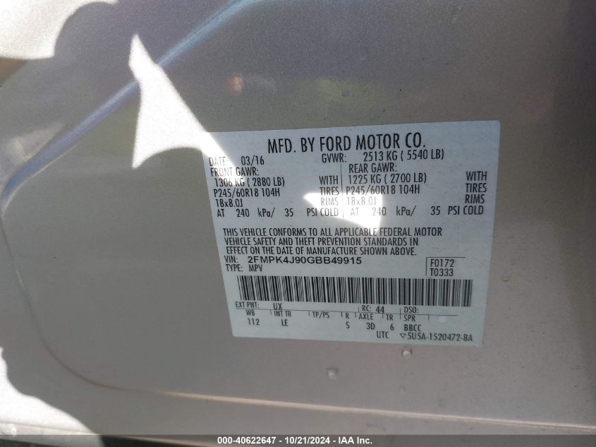 2016 Ford Edge Sel VIN: 2FMPK4J90GBB49915 Lot: 40622647