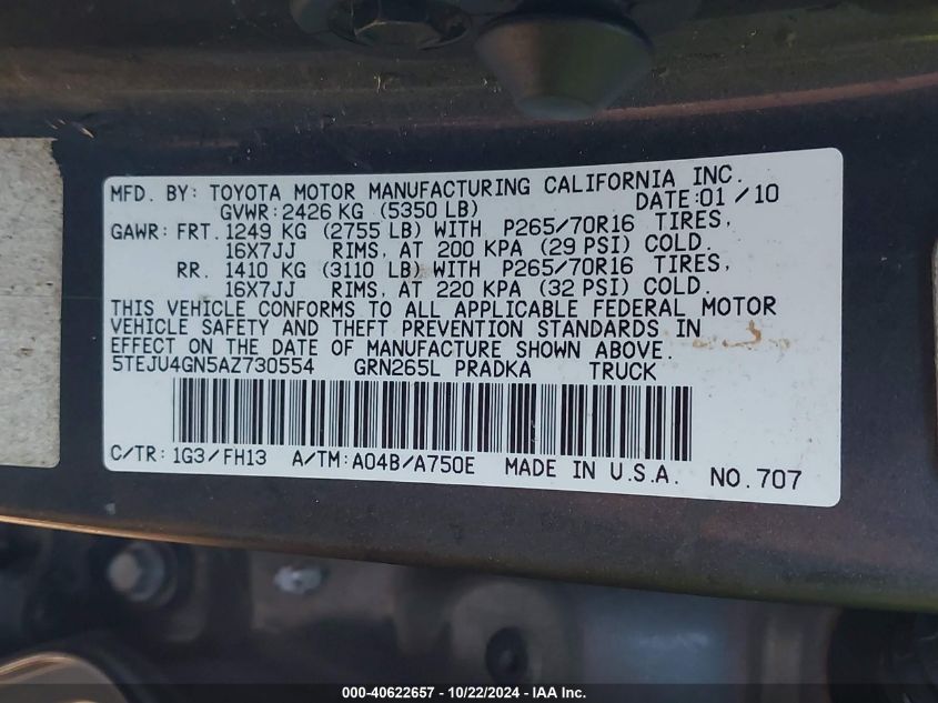 2010 Toyota Tacoma Double Cab Prerunner VIN: 5TEJU4GN5AZ730554 Lot: 40622657