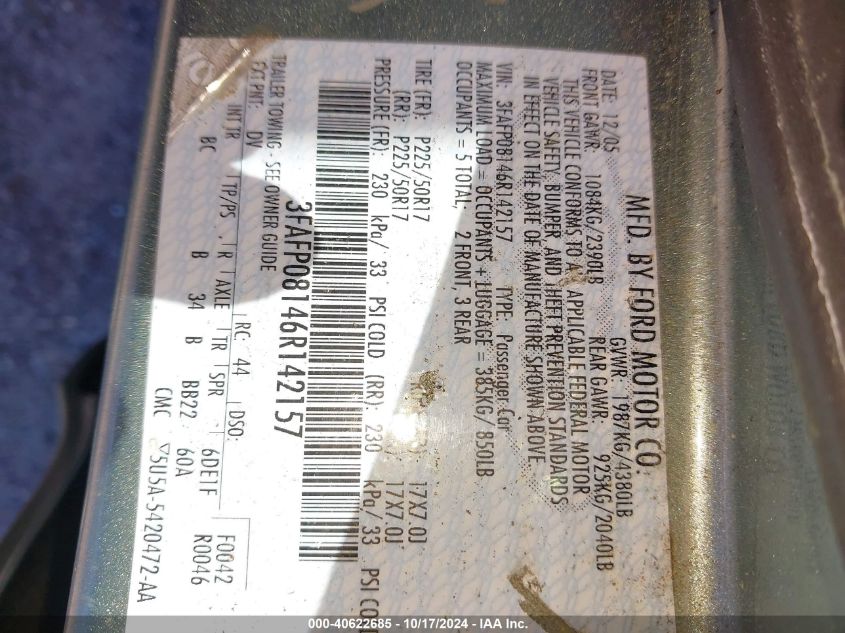 2006 Ford Fusion Sel VIN: 3FAFP08146R142157 Lot: 40622685