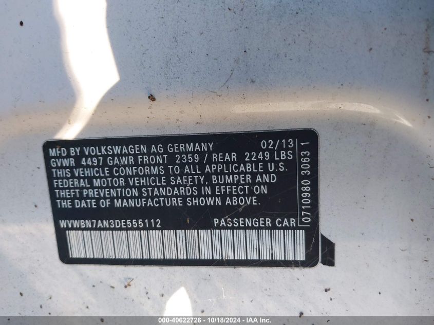 2013 Volkswagen Cc Sport VIN: WVWBN7AN3DE555112 Lot: 40622726