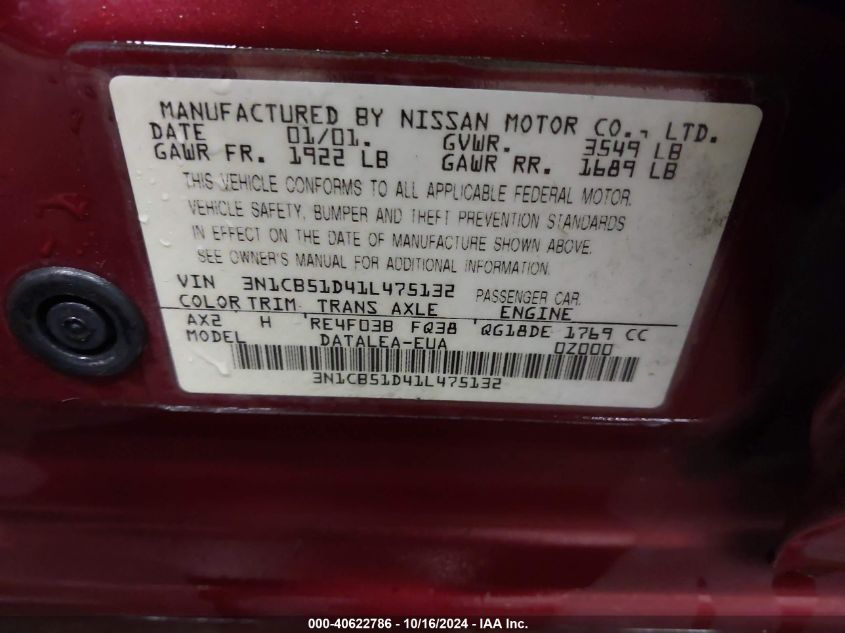 2001 Nissan Sentra Gxe VIN: 3N1CB51D41L475132 Lot: 40622786