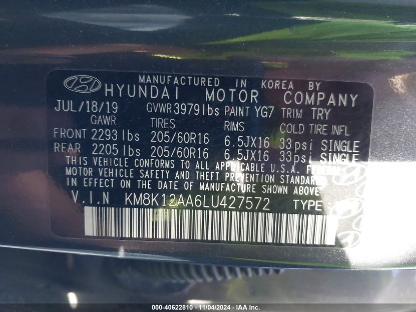 2020 Hyundai Kona Se VIN: KM8K12AA6LU427572 Lot: 40622810