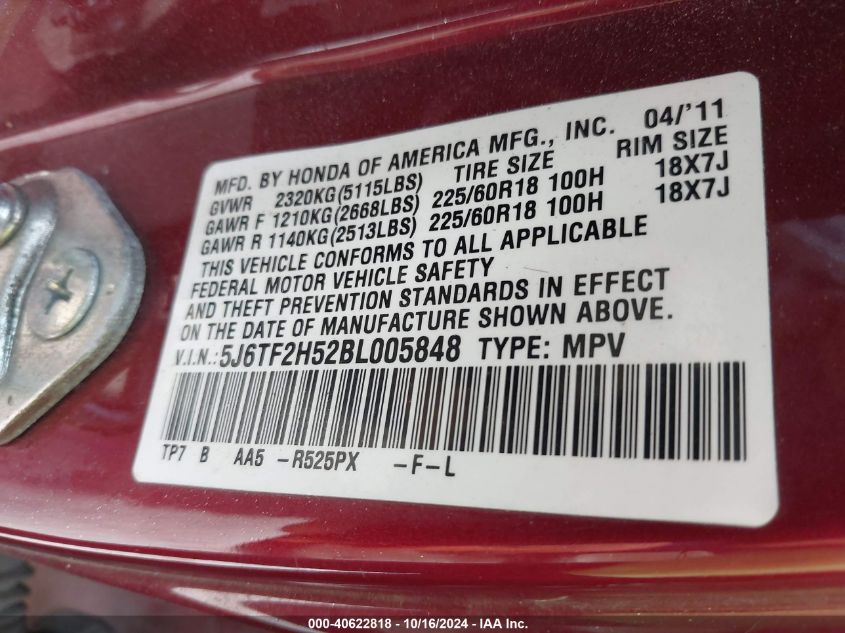 2011 Honda Accord Crosstour Ex-L VIN: 5J6TF2H52BL005848 Lot: 40622818