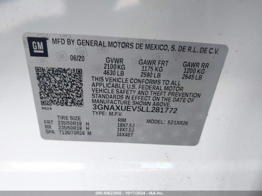 VIN 3GNAXUEV5LL281772 2020 CHEVROLET EQUINOX AWD LT 1.5L TURBO