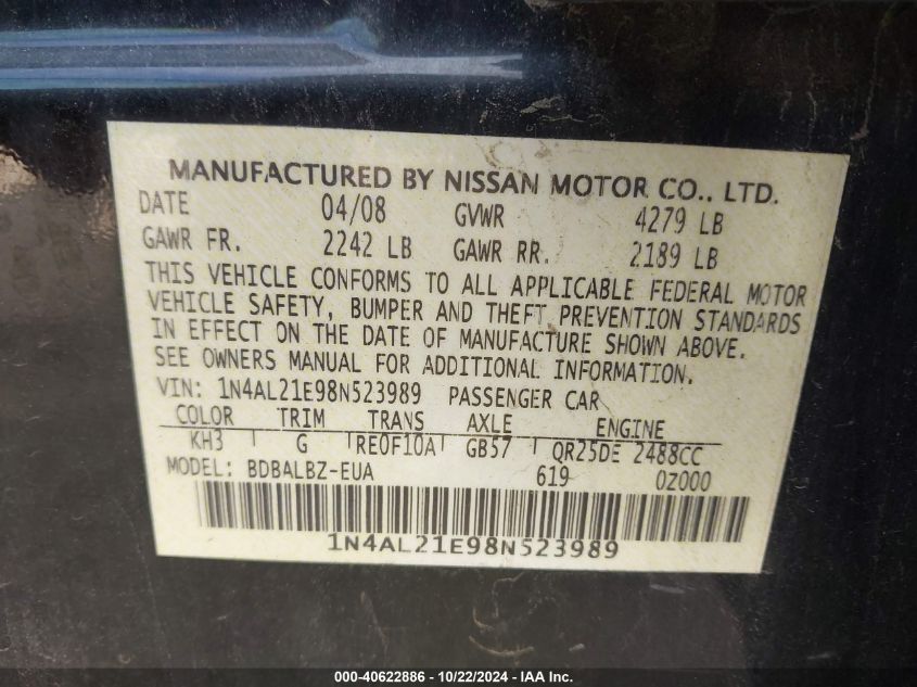 2008 Nissan Altima 2.5 S VIN: 1N4AL21E98N523989 Lot: 40622886