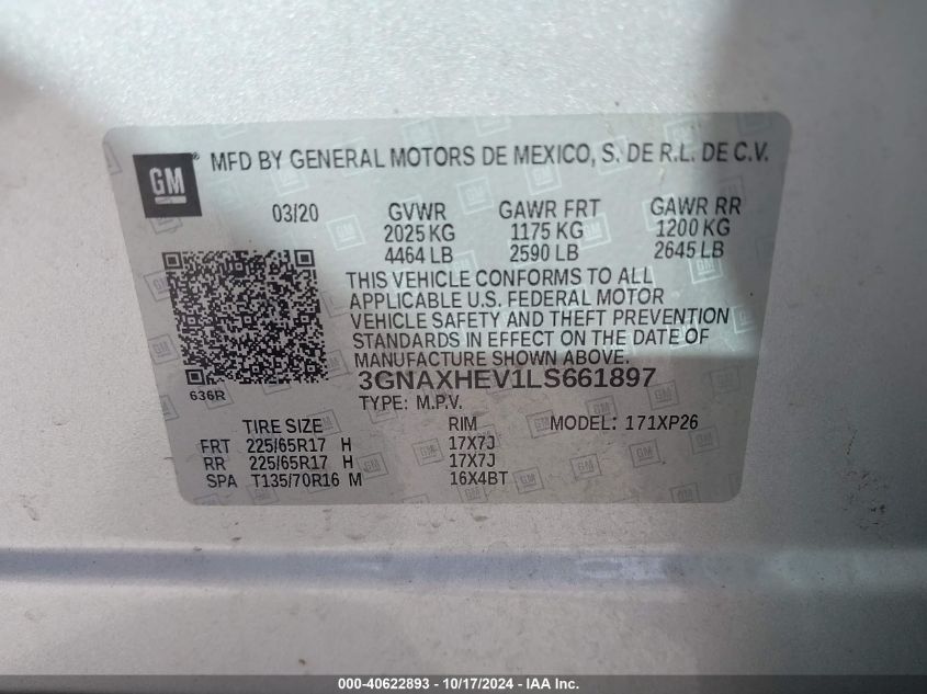 2020 Chevrolet Equinox Fwd Ls VIN: 3GNAXHEV1LS661897 Lot: 40622893