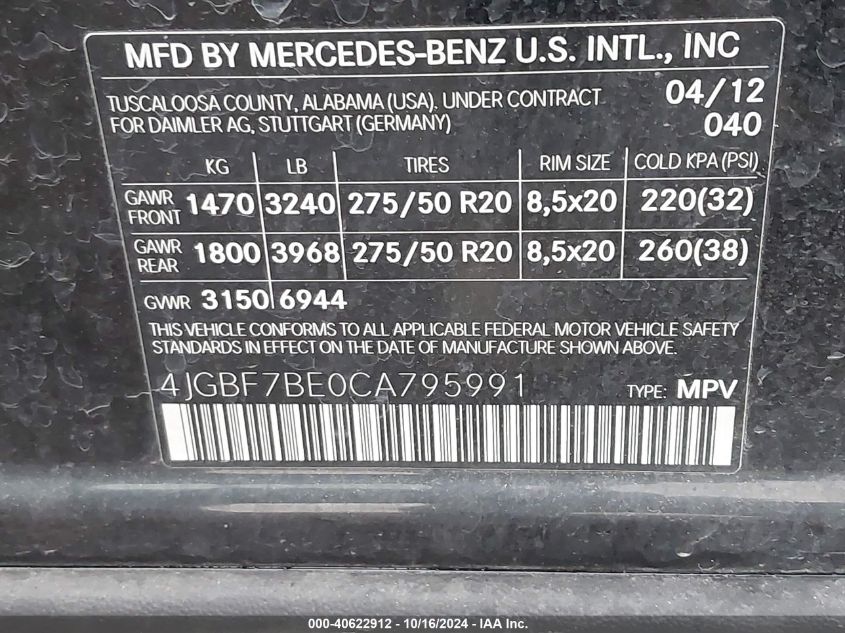 2012 Mercedes-Benz Gl 450 4Matic VIN: 4JGBF7BE0CA795991 Lot: 40622912