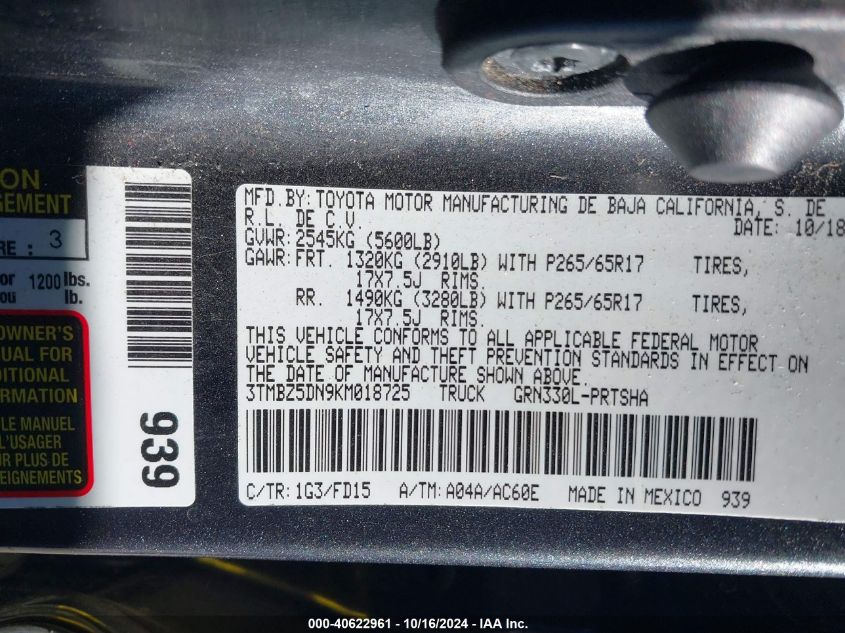 2019 Toyota Tacoma Trd Sport VIN: 3TMBZ5DN9KM018725 Lot: 40622961