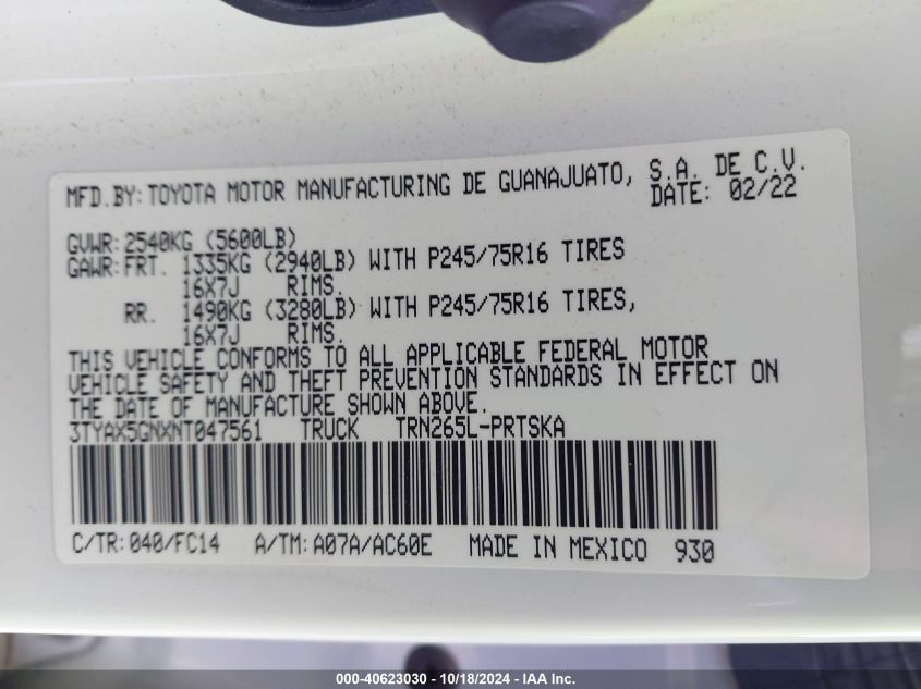 2022 Toyota Tacoma Sr5 VIN: 3TYAX5GNXNT047561 Lot: 40623030