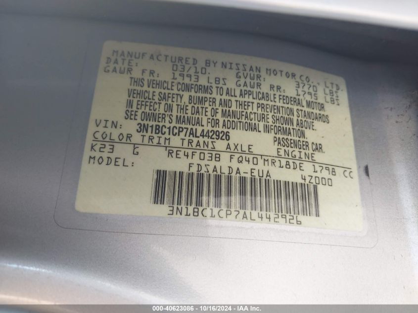 2010 Nissan Versa 1.8S VIN: 3N1BC1CP7AL442926 Lot: 40623086