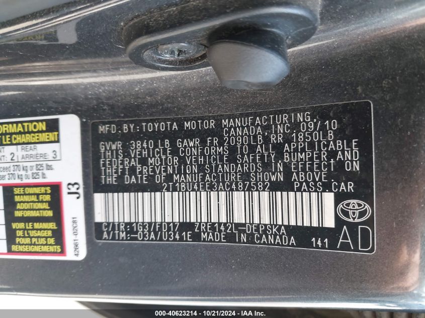 2010 Toyota Corolla S VIN: 2T1BU4EE3AC487582 Lot: 40623214