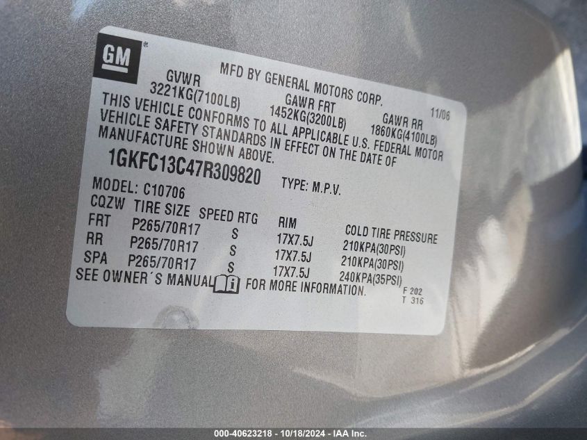 2007 GMC Yukon Commercial Fleet VIN: 1GKFC13C47R309820 Lot: 40623218