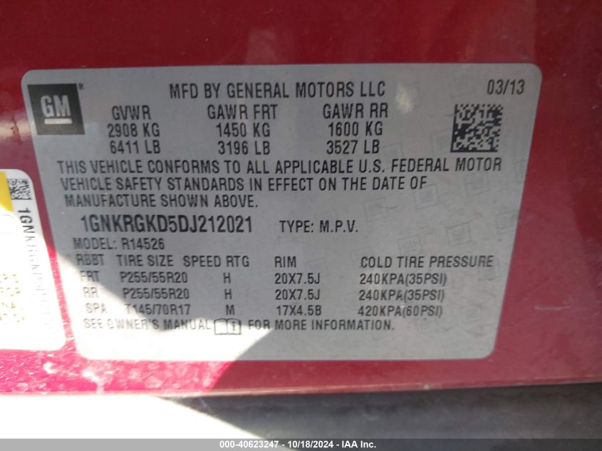 2013 Chevrolet Traverse 1Lt VIN: 1GNKRGKD5DJ212021 Lot: 40623247