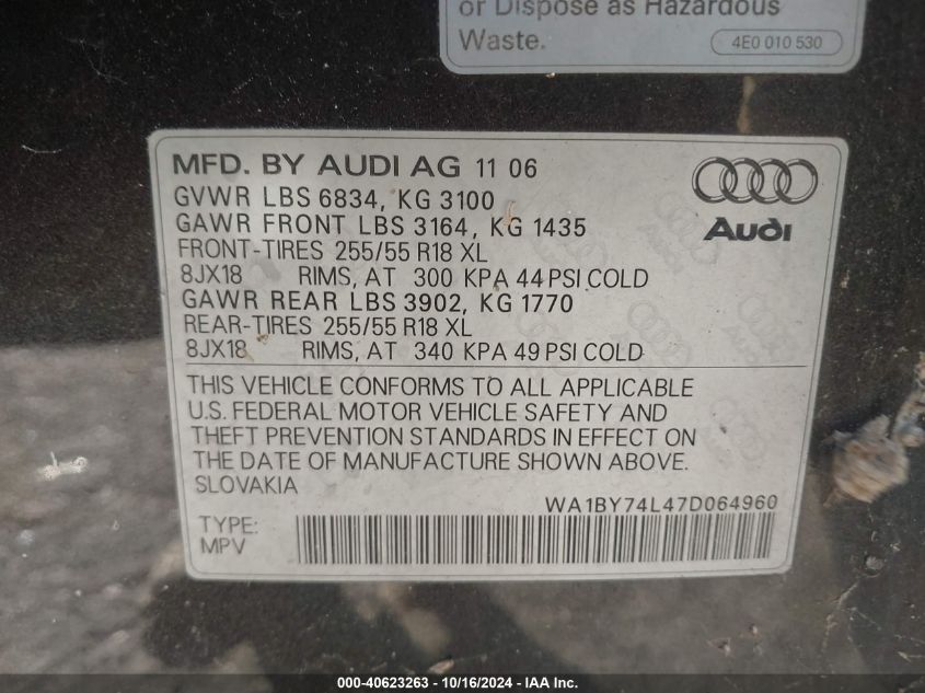 2007 Audi Q7 3.6 Premium VIN: WA1BY74L47D064960 Lot: 40623263