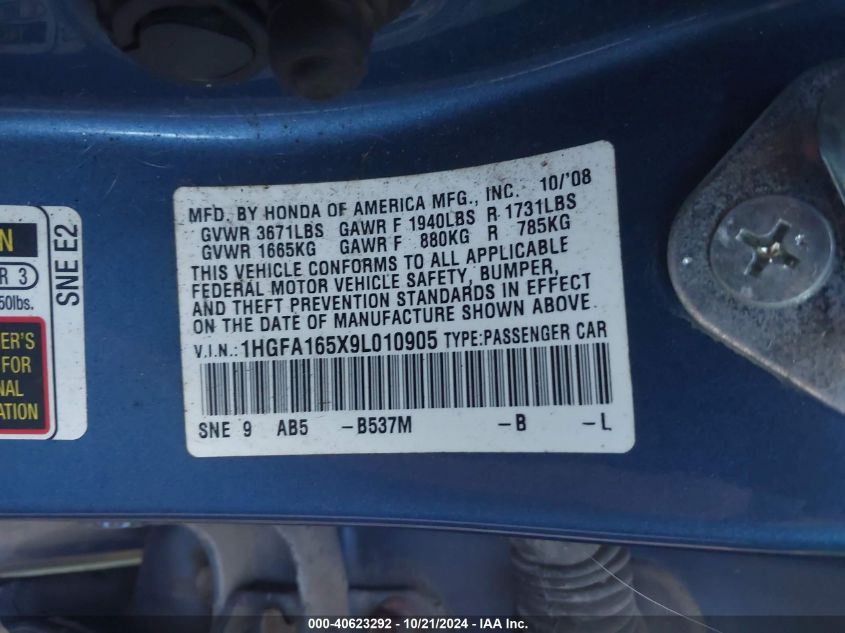 2009 Honda Civic Lx VIN: 1HGFA165X9L010905 Lot: 40623292