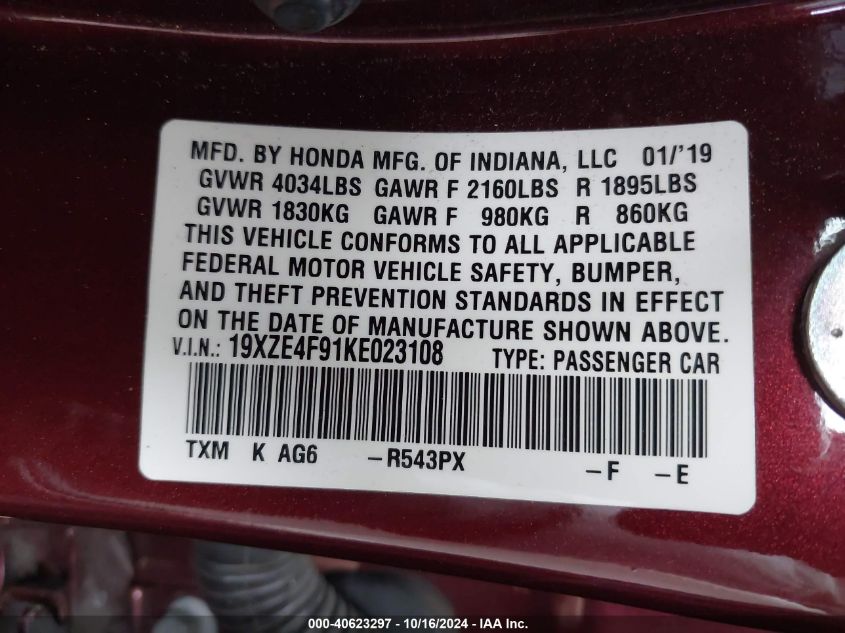 2019 Honda Insight Touring VIN: 19XZE4F91KE023108 Lot: 40623297