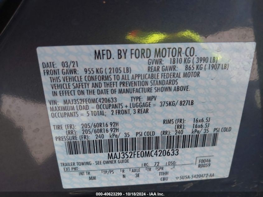 2021 Ford Ecosport S VIN: MAJ3S2FE0MC420633 Lot: 40623299