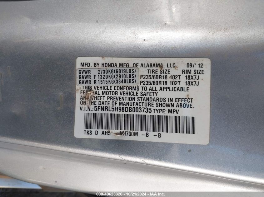 VIN 5FNRL5H98DB003735 2013 HONDA ODYSSEY no.9