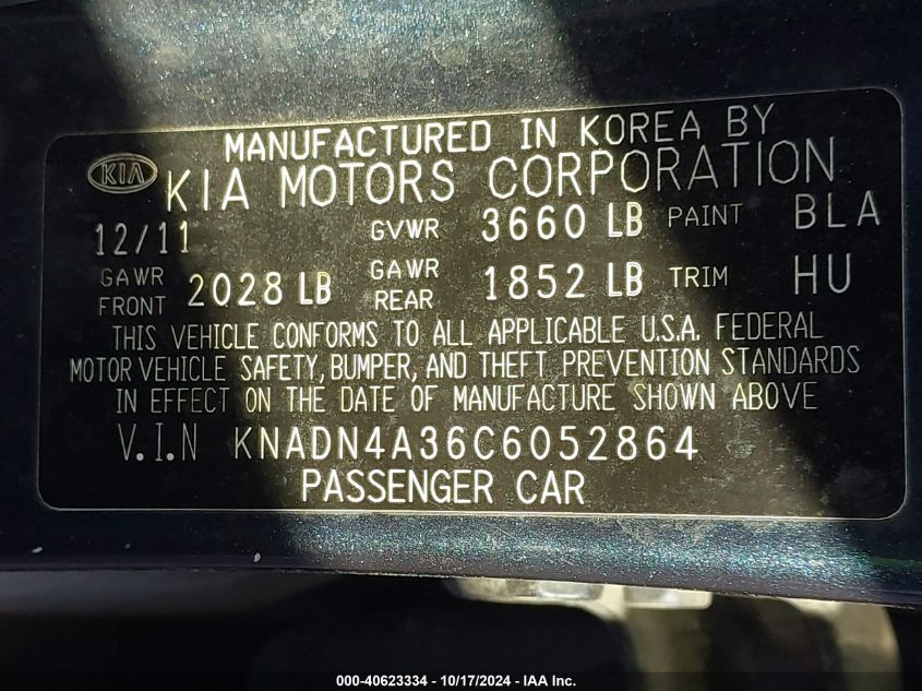 2012 Kia Rio Sx VIN: KNADN4A36C6052864 Lot: 40623334