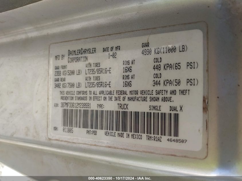 2002 Dodge Ram 3500 St VIN: 3B7MF33612M239591 Lot: 40623350