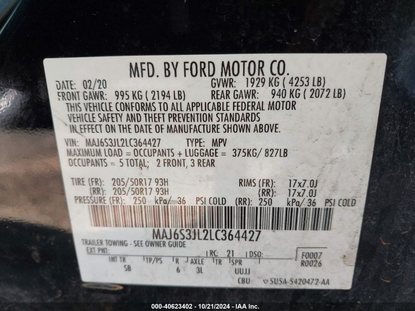 2020 Ford Ecosport Ses VIN: MAJ6S3JL2LC364427 Lot: 40623402