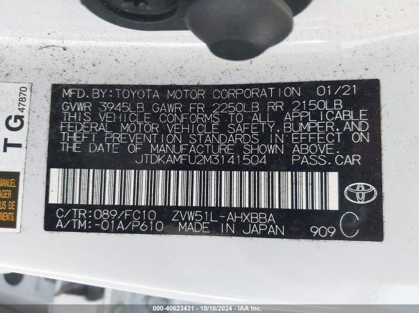 2021 Toyota Prius L Eco VIN: JTDKAMFU2M3141504 Lot: 40623431