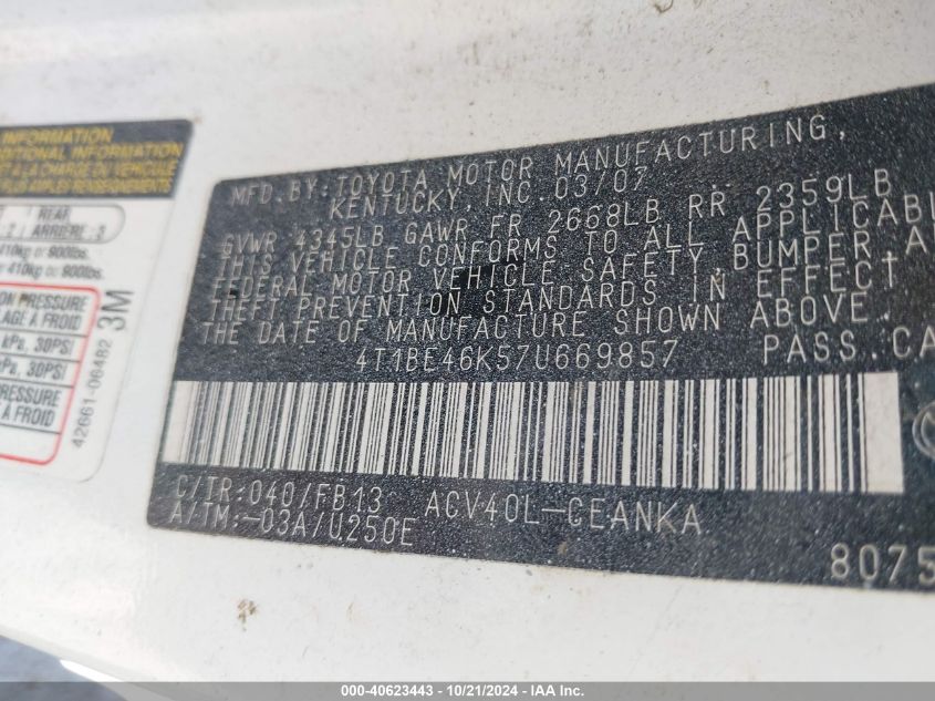 2007 Toyota Camry Le VIN: 4T1BE46K57U669857 Lot: 40623443