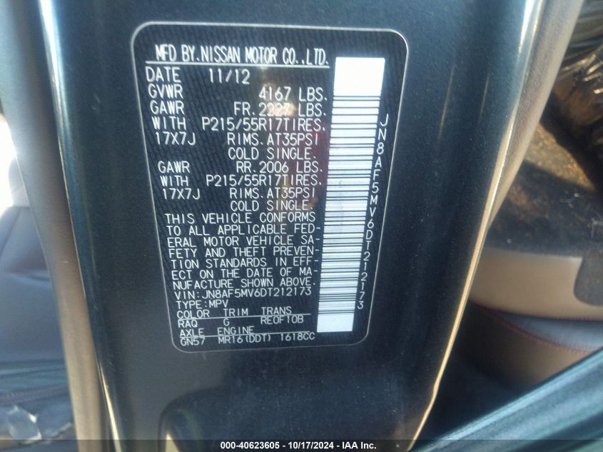 2013 NISSAN JUKE SL - JN8AF5MV6DT212173