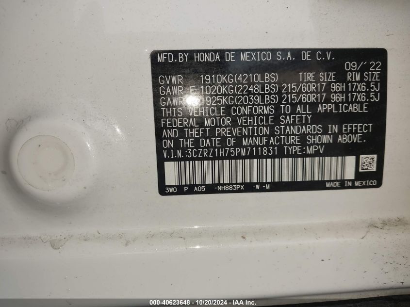 VIN 3CZRZ1H75PM711831 2023 Honda HR-V, 2Wd Ex-L no.9