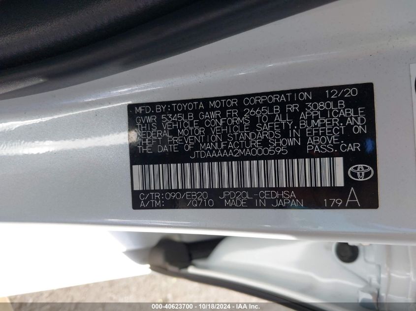 2021 Toyota Mirai VIN: JTDAAAAA2MA000595 Lot: 40623700