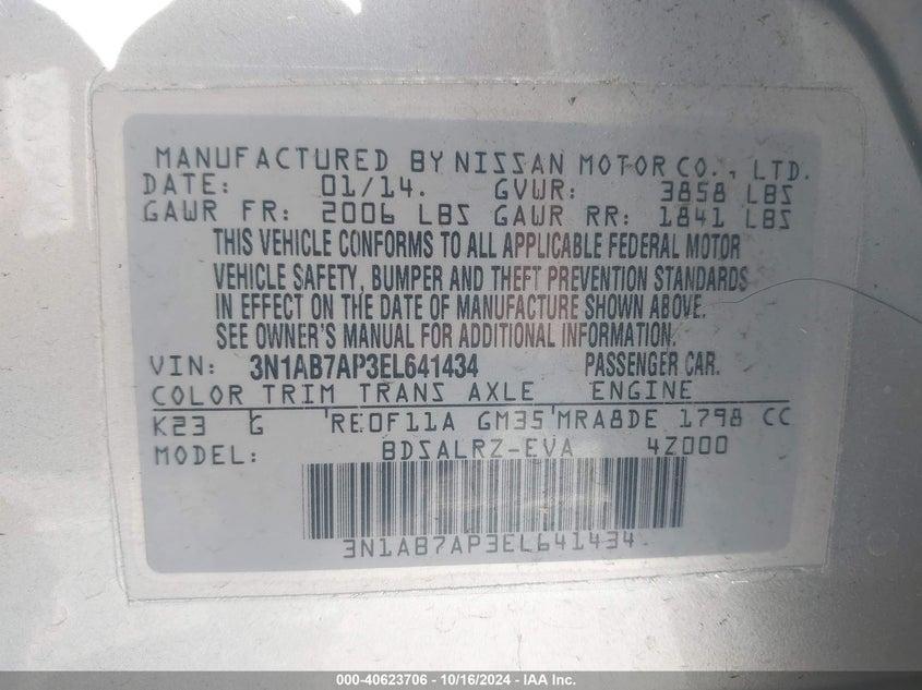 2014 Nissan Sentra Sr VIN: 3N1AB7AP3EL641434 Lot: 40623706