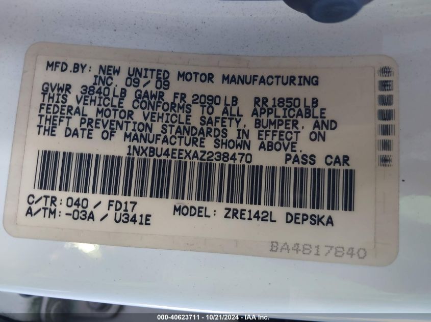 2010 Toyota Corolla S VIN: 1NXBU4EEXAZ238470 Lot: 40623711