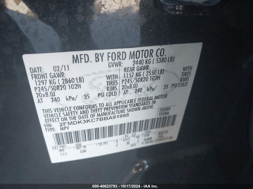 2011 Ford Edge Limited VIN: 2FMDK3KC7BBA91995 Lot: 40623793