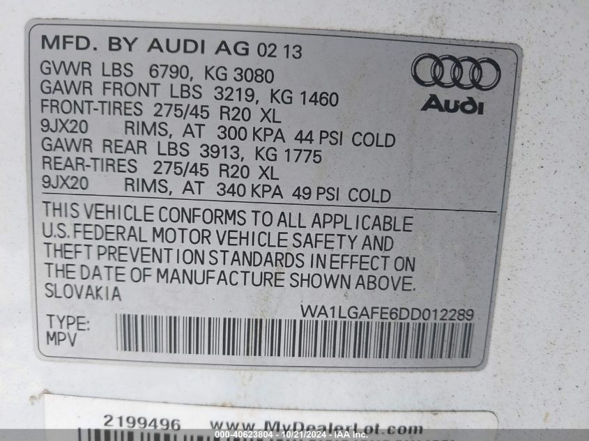 2013 Audi Q7 3.0T Premium VIN: WA1LGAFE6DD012289 Lot: 40623804