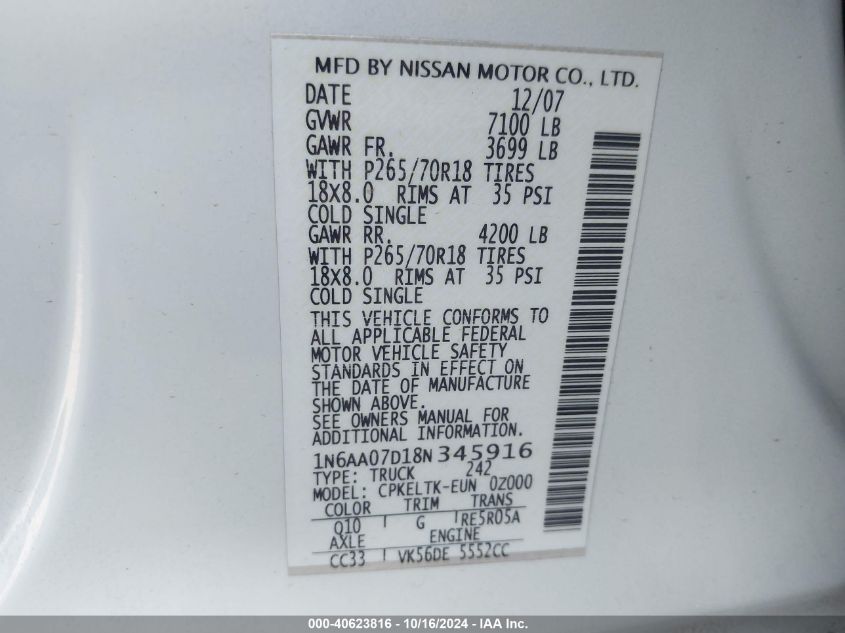 2008 Nissan Titan Se VIN: 1N6AA07D18N345916 Lot: 40623816