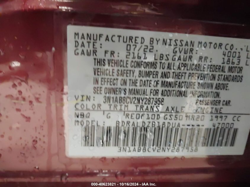 2022 Nissan Sentra Sv Xtronic Cvt VIN: 3N1AB8CV2NY287958 Lot: 40623821