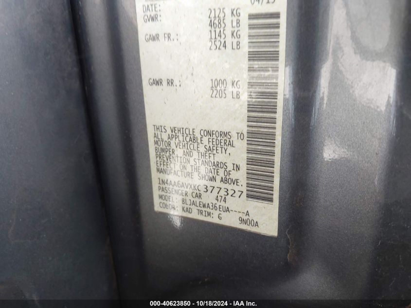 2019 NISSAN MAXIMA VIN: 1N4AA6AVXKC377327