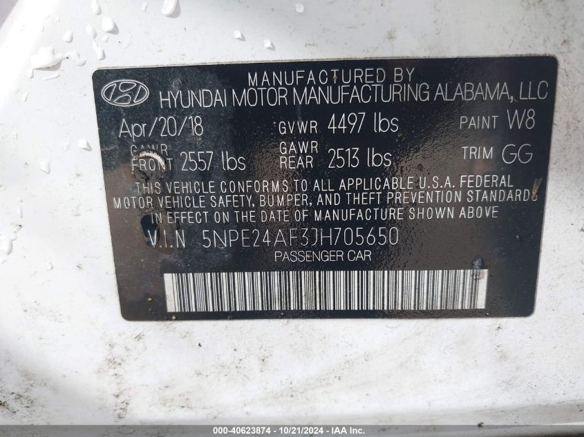 VIN 5NPE24AF3JH705650 2018 HYUNDAI SONATA SE