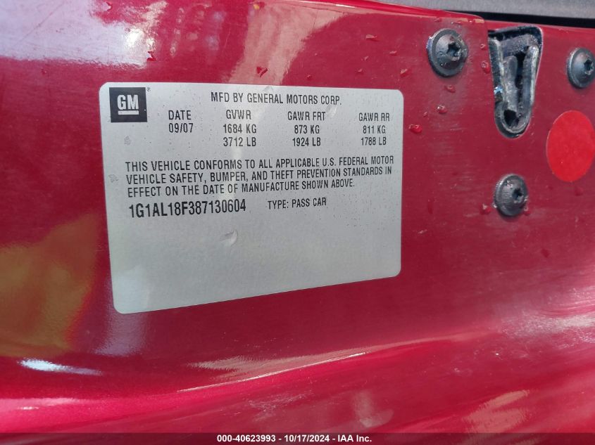 2008 Chevrolet Cobalt Lt VIN: 1G1AL18F387130604 Lot: 40623993