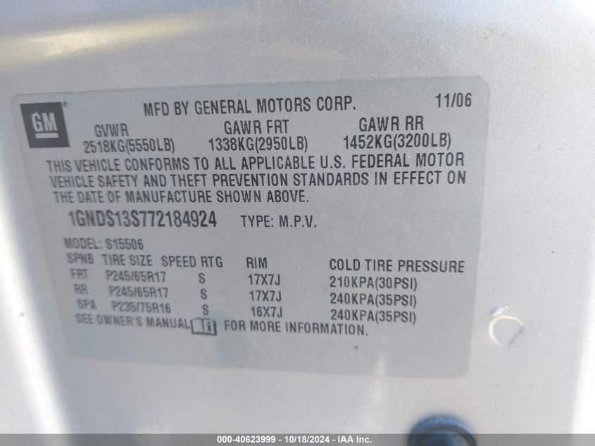 2007 Chevrolet Trailblazer Ls VIN: 1GNDS13S772184924 Lot: 40623999