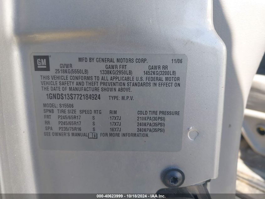 2007 Chevrolet Trailblazer Ls VIN: 1GNDS13S772184924 Lot: 40623999