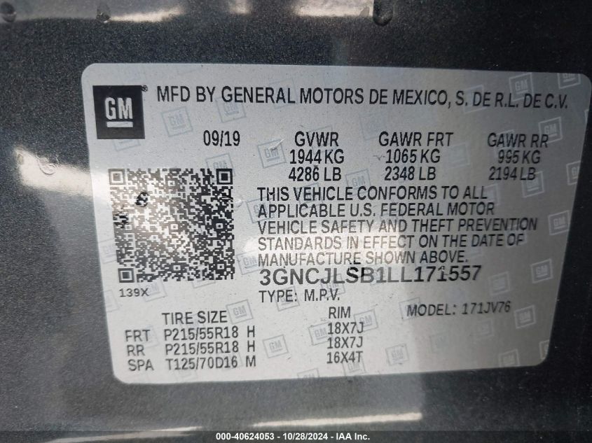 VIN 3GNCJLSB1LL171557 2020 CHEVROLET TRAX FWD LT