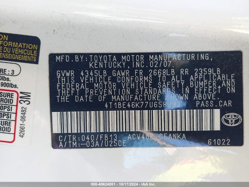 2007 Toyota Camry Le VIN: 4T1BE46K77U658293 Lot: 40624081