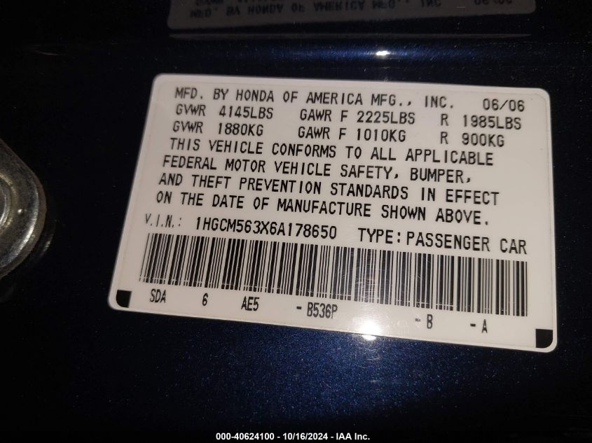 2006 Honda Accord 2.4 Se VIN: 1HGCM563X6A178650 Lot: 40624100