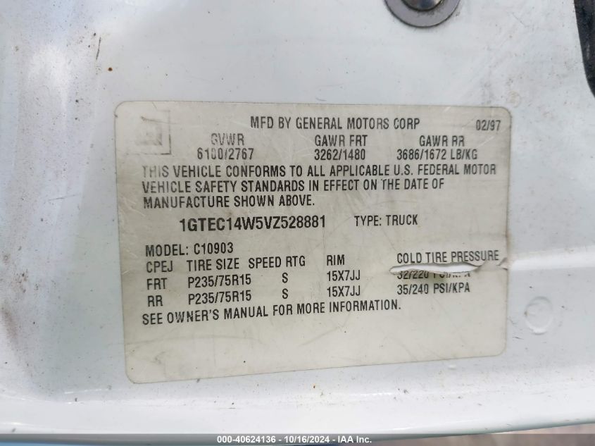 1997 GMC Sierra 1500 Sl Wideside Cmi VIN: 1GTEC14W5VZ528881 Lot: 40624136