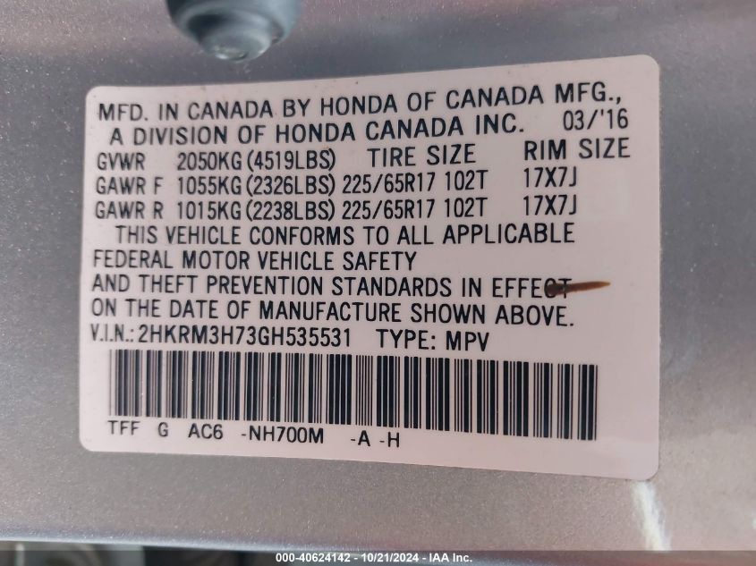 VIN 2HKRM3H73GH535531 2016 Honda CR-V, Ex-L no.9